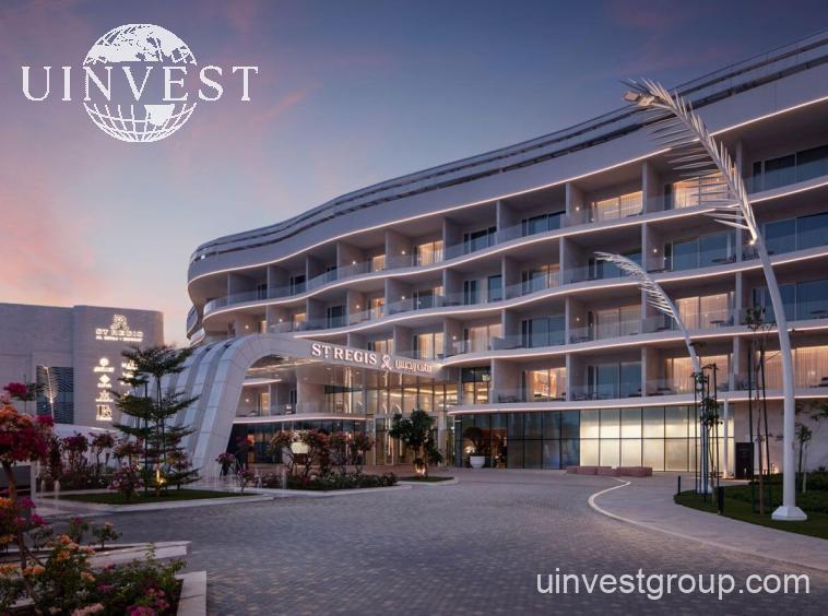 Exterior view of The St. Regis Al Mouj Muscat Resort building on the waterfront