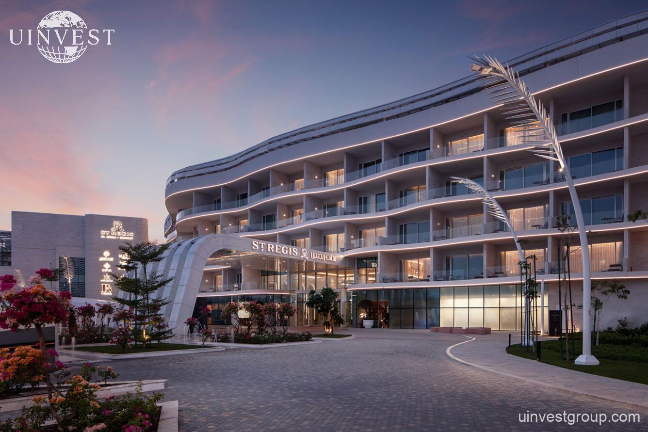 Exterior view of The St. Regis Al Mouj Muscat Resort building on the waterfront