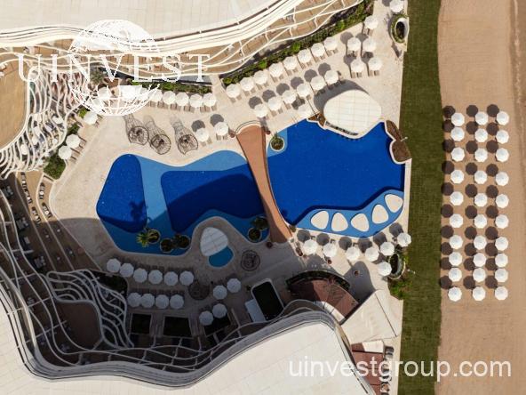 Aerial view of The St. Regis Al Mouj Muscat Resort and Residences on the Al Mouj beachfront, Oman
