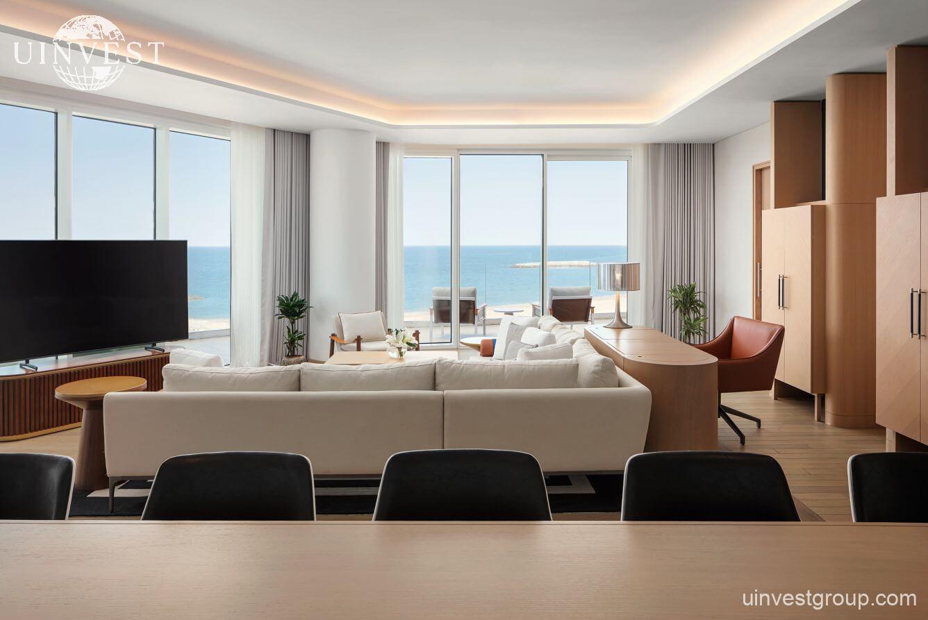 Pearl one-bedroom residence living area at The St. Regis Al Mouj Muscat Resort