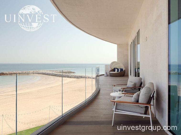 Sea view suite balcony overlooking Al Mouj beach at The St. Regis Al Mouj Muscat Resort