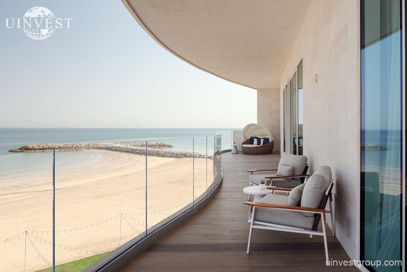 Sea view suite balcony overlooking Al Mouj beach at The St. Regis Al Mouj Muscat Resort