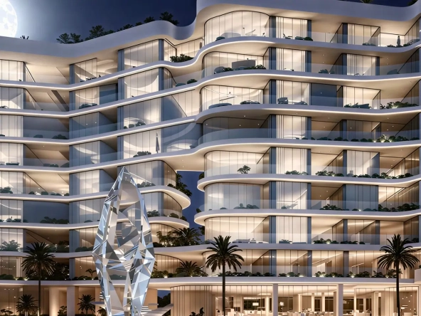Night exterior of Vistal By Victoria Swarovski, Al Mouj with crystal sculpture