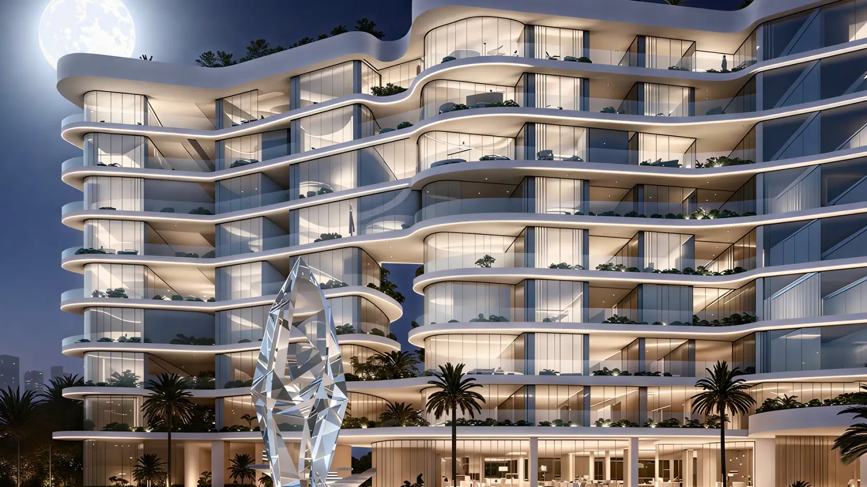 Night exterior of Vistal By Victoria Swarovski, Al Mouj with crystal sculpture