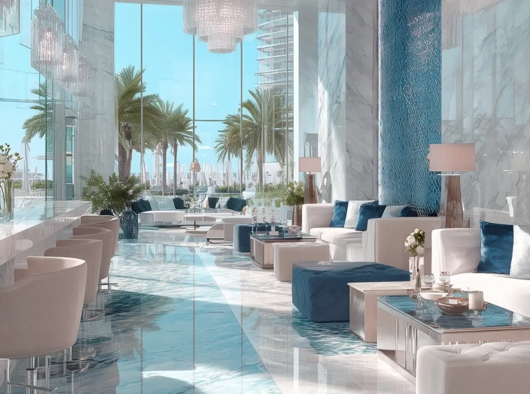 Lounge seating area at Vistal By Victoria Swarovski, Al Mouj