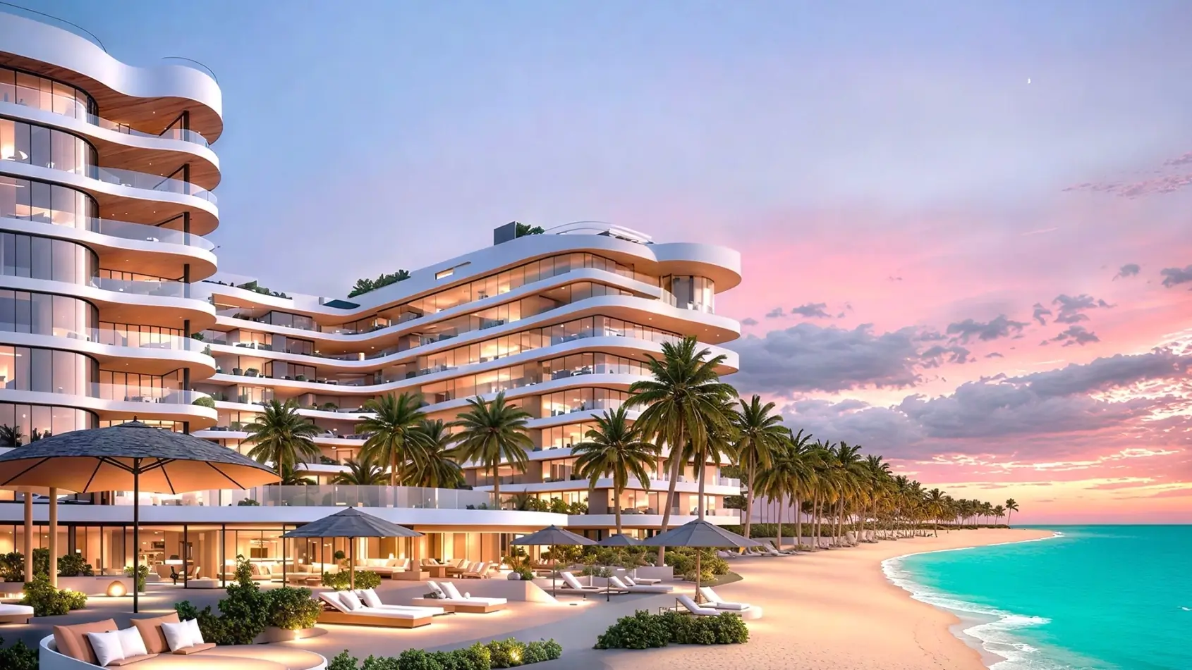 Sunset beachfront view of Vistal By Victoria Swarovski, Al Mouj