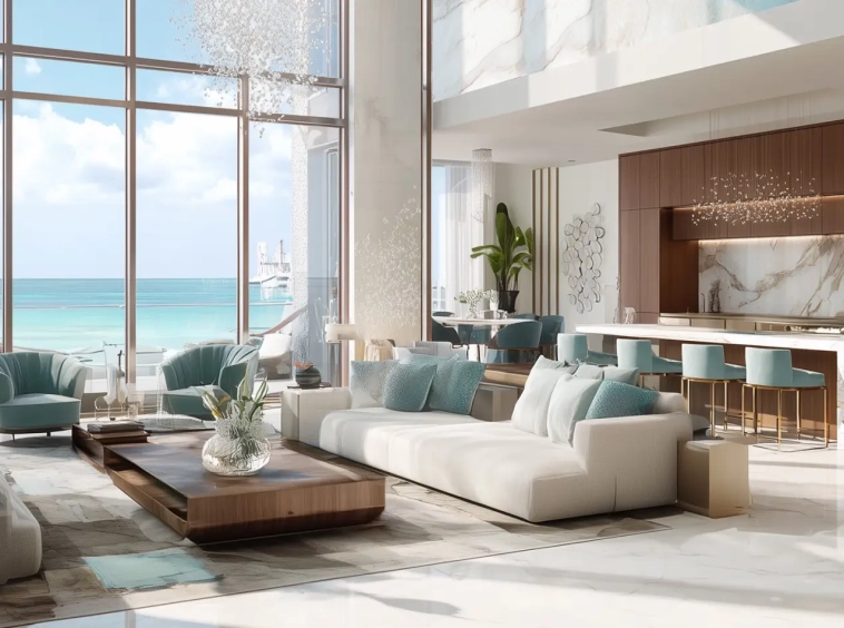 Living and kitchen space with sea view at Vistal By Victoria Swarovski, Al Mouj