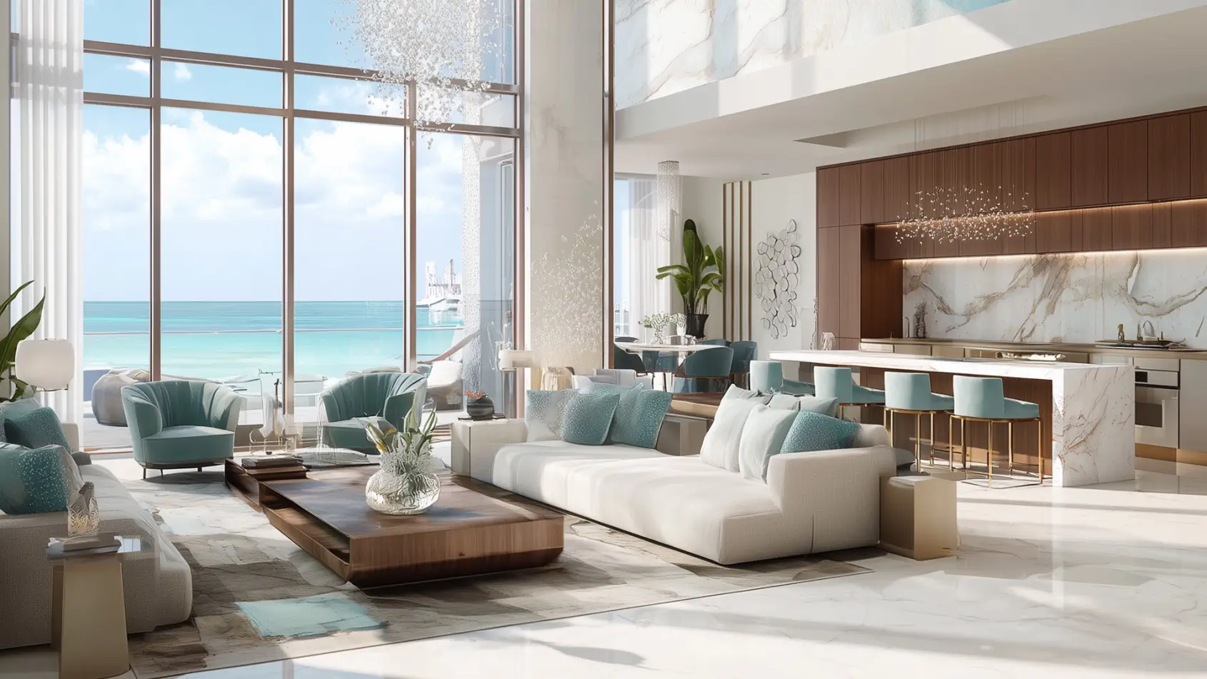 Living and kitchen space with sea view at Vistal By Victoria Swarovski, Al Mouj