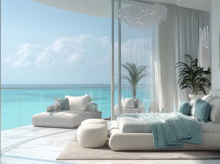 Master bedroom with crystal chandelier at Vistal By Victoria Swarovski, Al Mouj