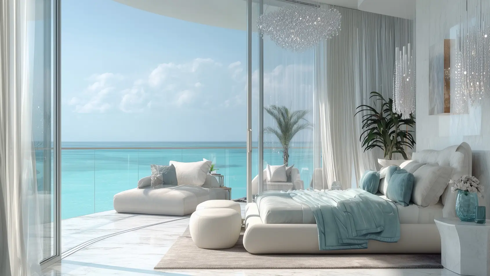 Master bedroom with crystal chandelier at Vistal By Victoria Swarovski, Al Mouj