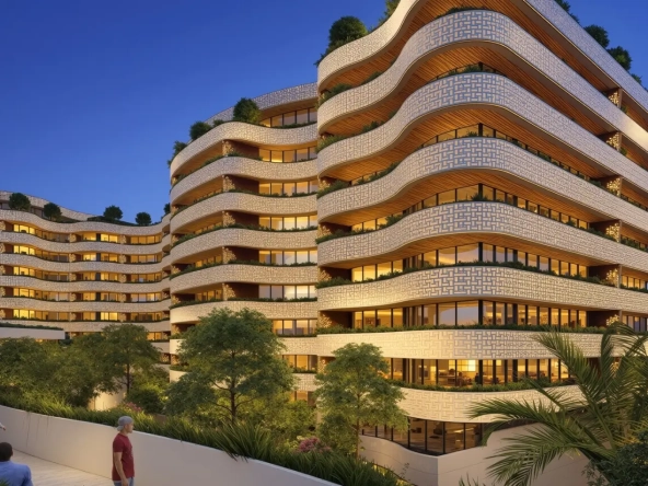 Dusk view of the Yenaier Residences development, Sultan Haitham City