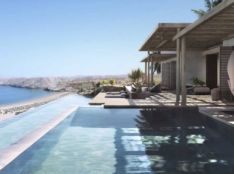 Private pool terrace at an AIDA villa 130 metres above the Gulf of Oman, looking over Yitti Beach.