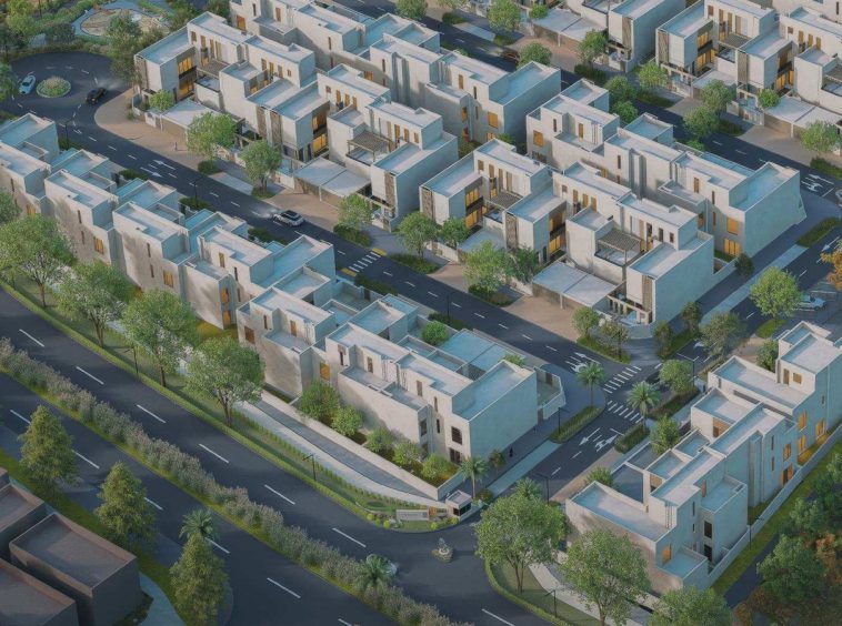 Aerial view of villa streets at Al Ahlam District showing the nine design concepts in a unified architectural language.