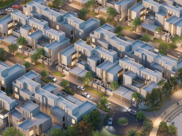 Aerial view of the 47-villa Al Ahlam District enclave in Sultan Haitham City, Muscat, with ivory-toned facades and landscaped streets.