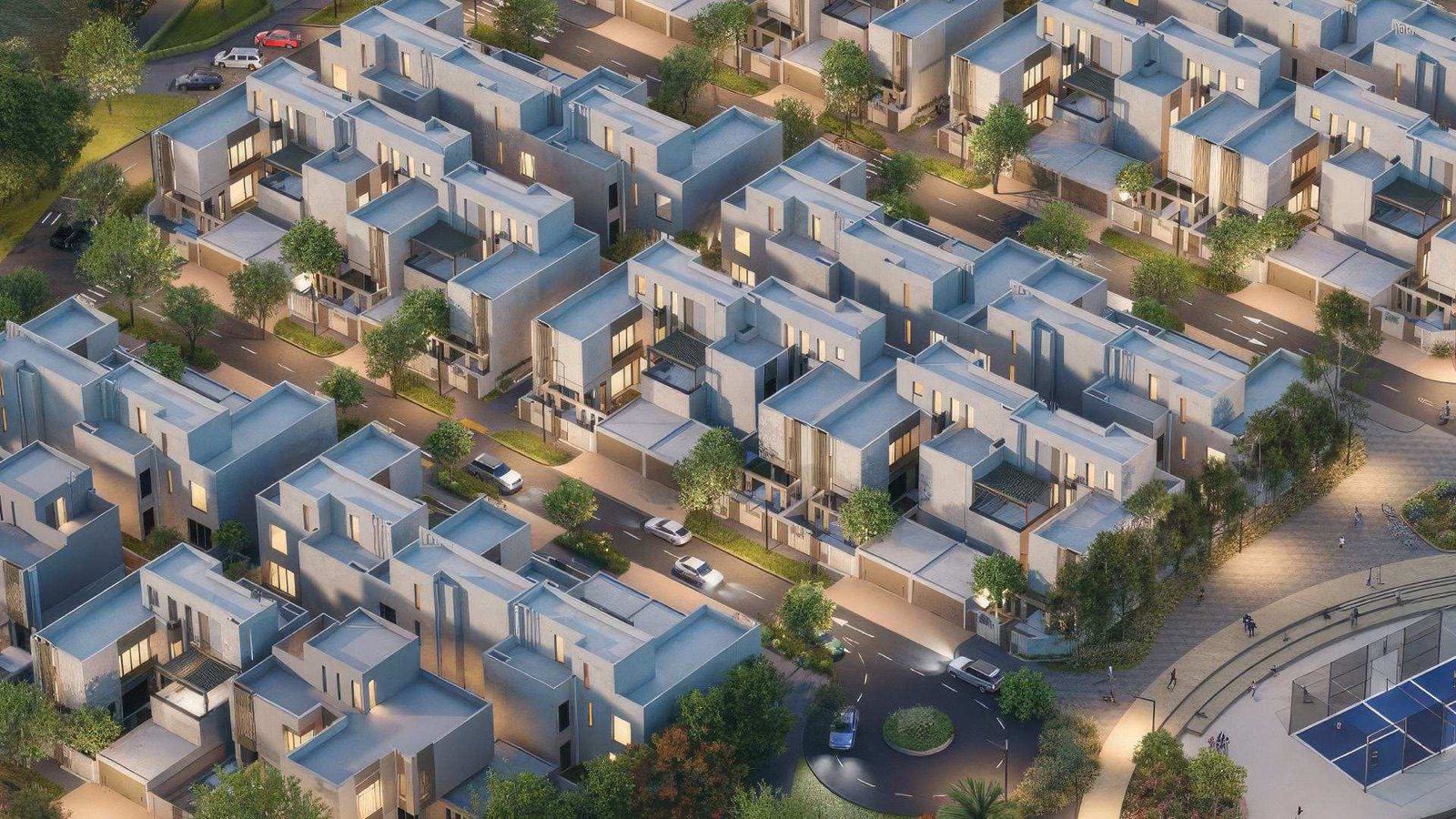 Aerial view of freehold villas at Al Ahlam District, Sultan Haitham City, Oman