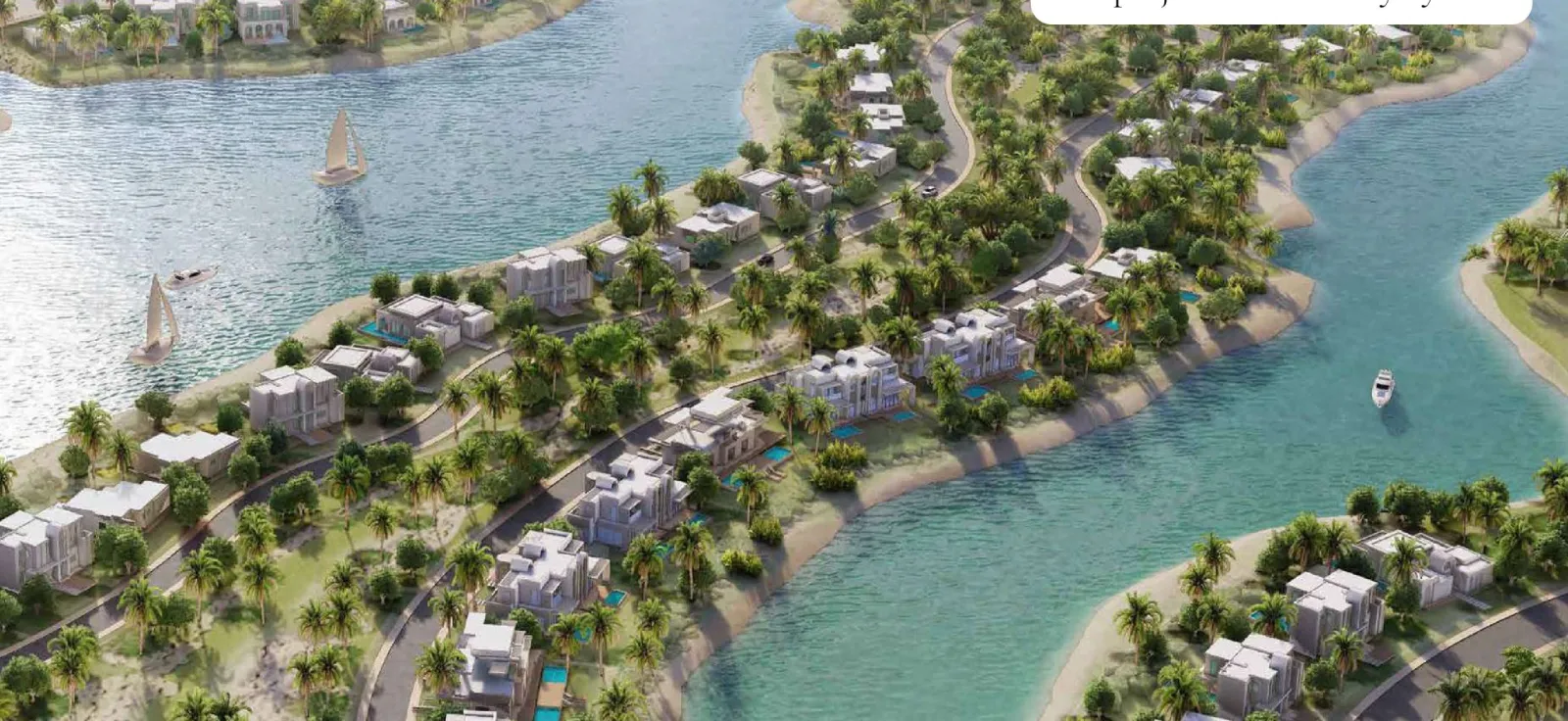 Aerial view of the Amazi lagoon at Hawana Salalah, Dhofar — villas on sandy islands surrounded by turquoise water