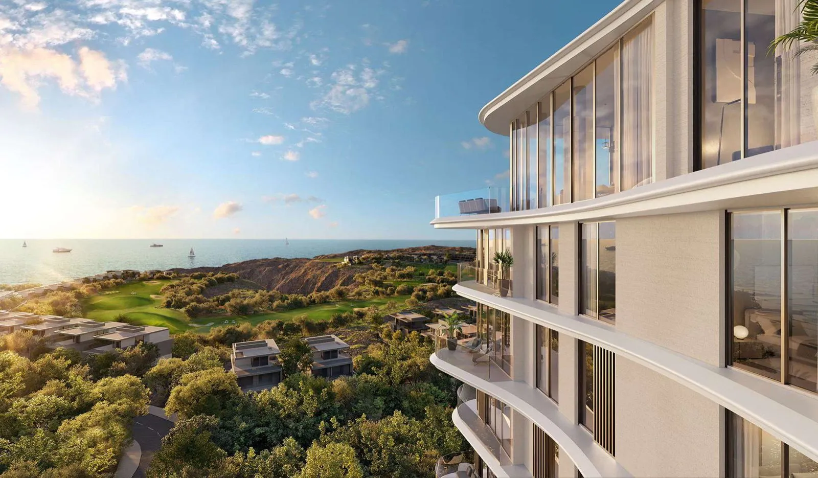 Curved terraces at The Great Escape in AIDA, looking over the golf course to the Gulf of Oman near Muscat.