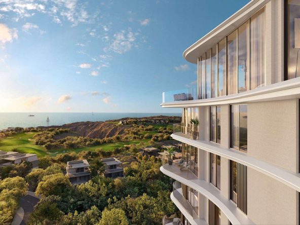 Curved terraces at The Great Escape in AIDA, looking over the golf course to the Gulf of Oman near Muscat.