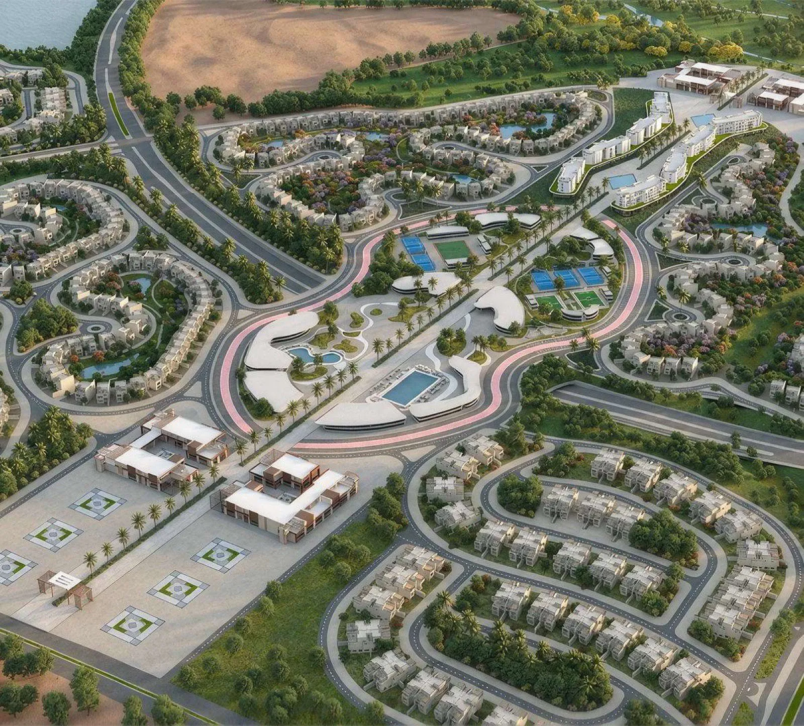 Aerial view of the Jood master plan in Sultan Haitham City, Muscat, showing villa neighbourhoods, pools and the central sports and social club.