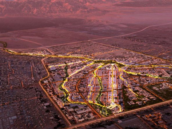Sultan Haitham City z lotu ptaka o zmierzchu, Maskat