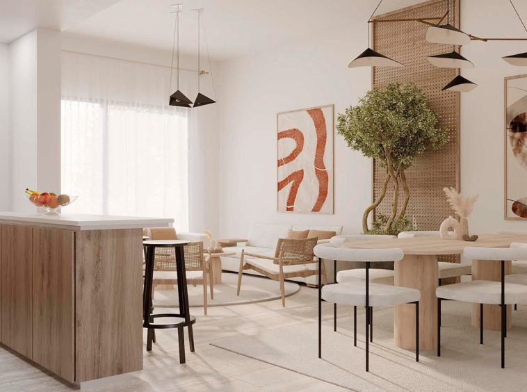 Living and dining interior at The Sustainable City Yiti in light tones with wood-effect detailing.