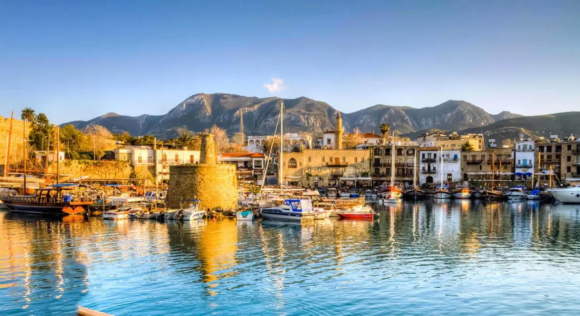 Kyrenia harbour and castle with the Beşparmak mountains behind, Northern Cyprus