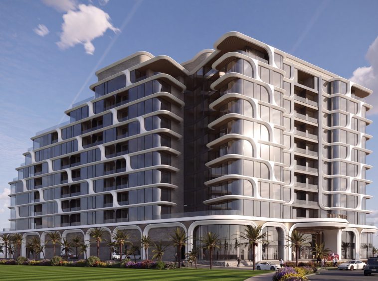 ALMAR Residences, Al Mouj Muscat: curved white facade bands under blue sky (render)
