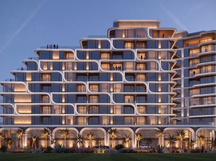 ALMAR Residences, Al Mouj Muscat: stepped terraces at dusk (render)