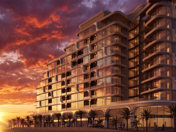 ALMAR Residences by Aurelian, Al Mouj Muscat: facade at sunset (render)
