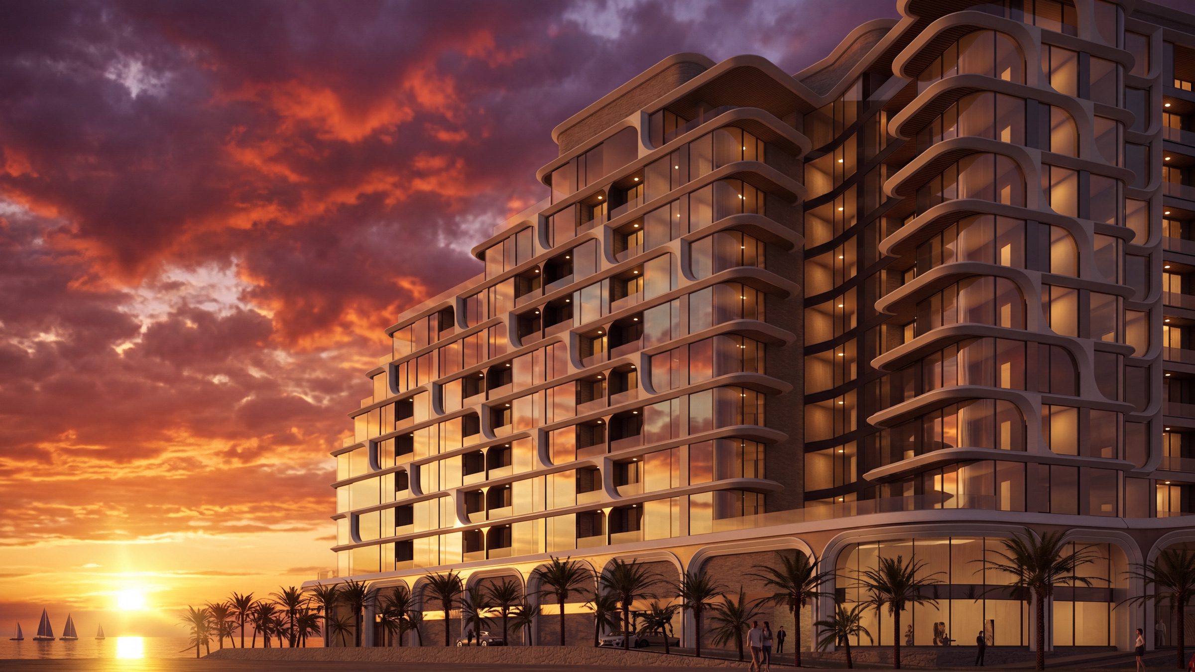 ALMAR Residences by Aurelian, Al Mouj Muscat: facade at sunset (render)