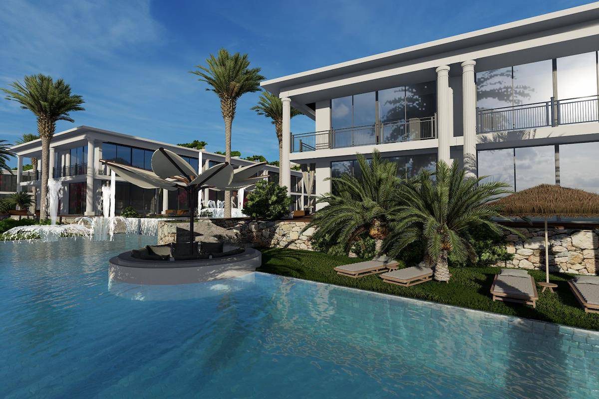 Render of Aloha homes overlooking the lagoon pool and sun loungers