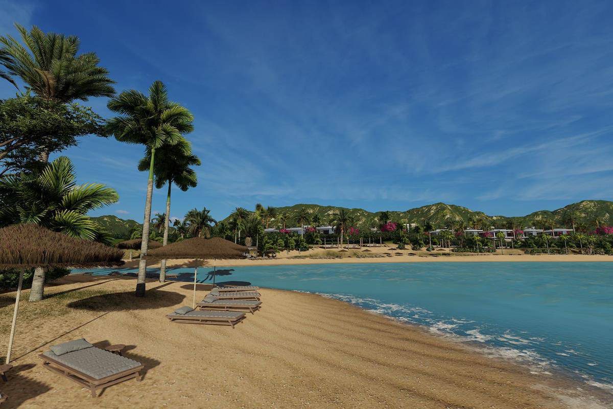 Render of the sandy beach with loungers and thatched umbrellas at Aloha