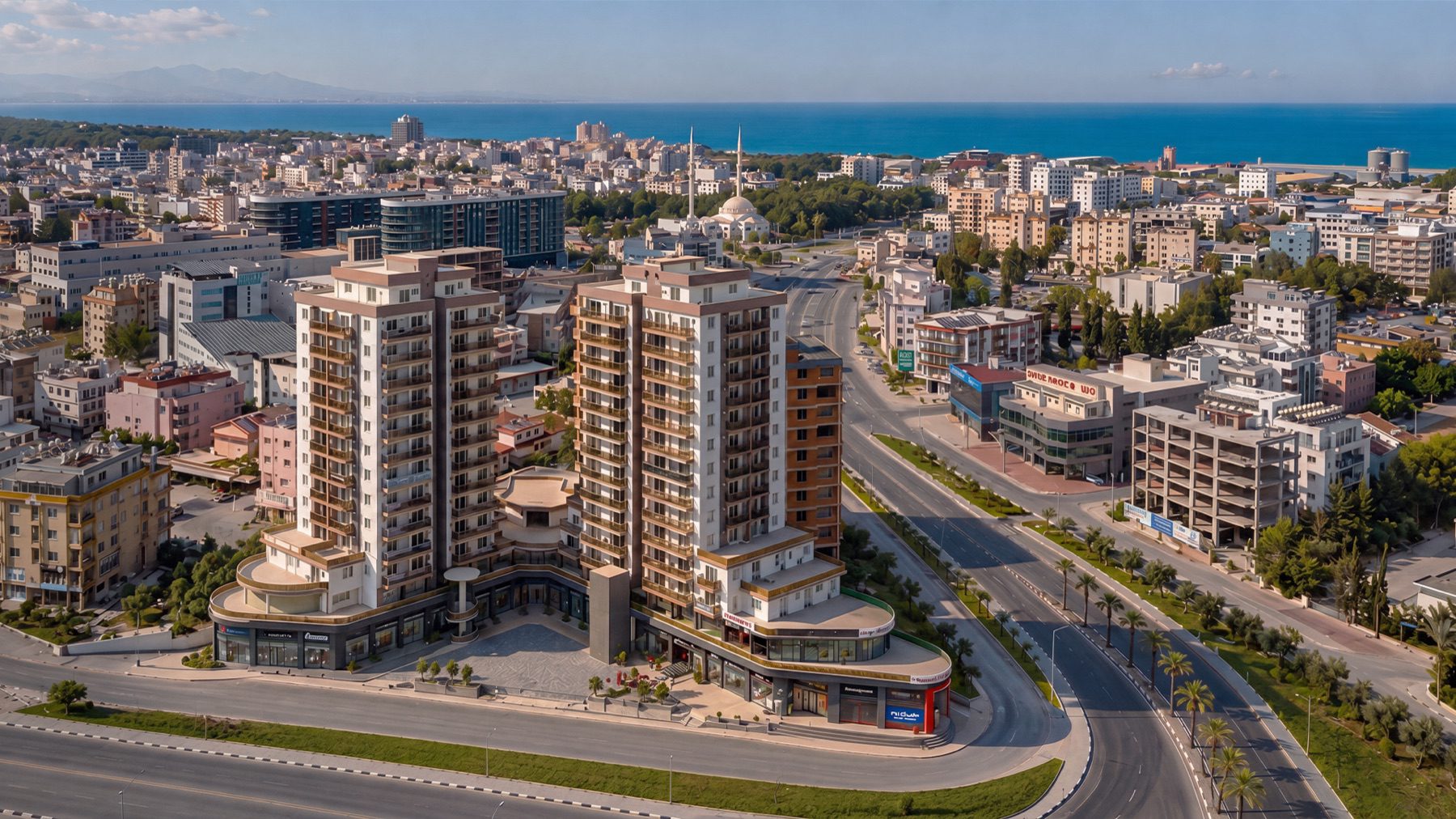 aerial view of the twin Angel Towers residential blocks and surrounding streets