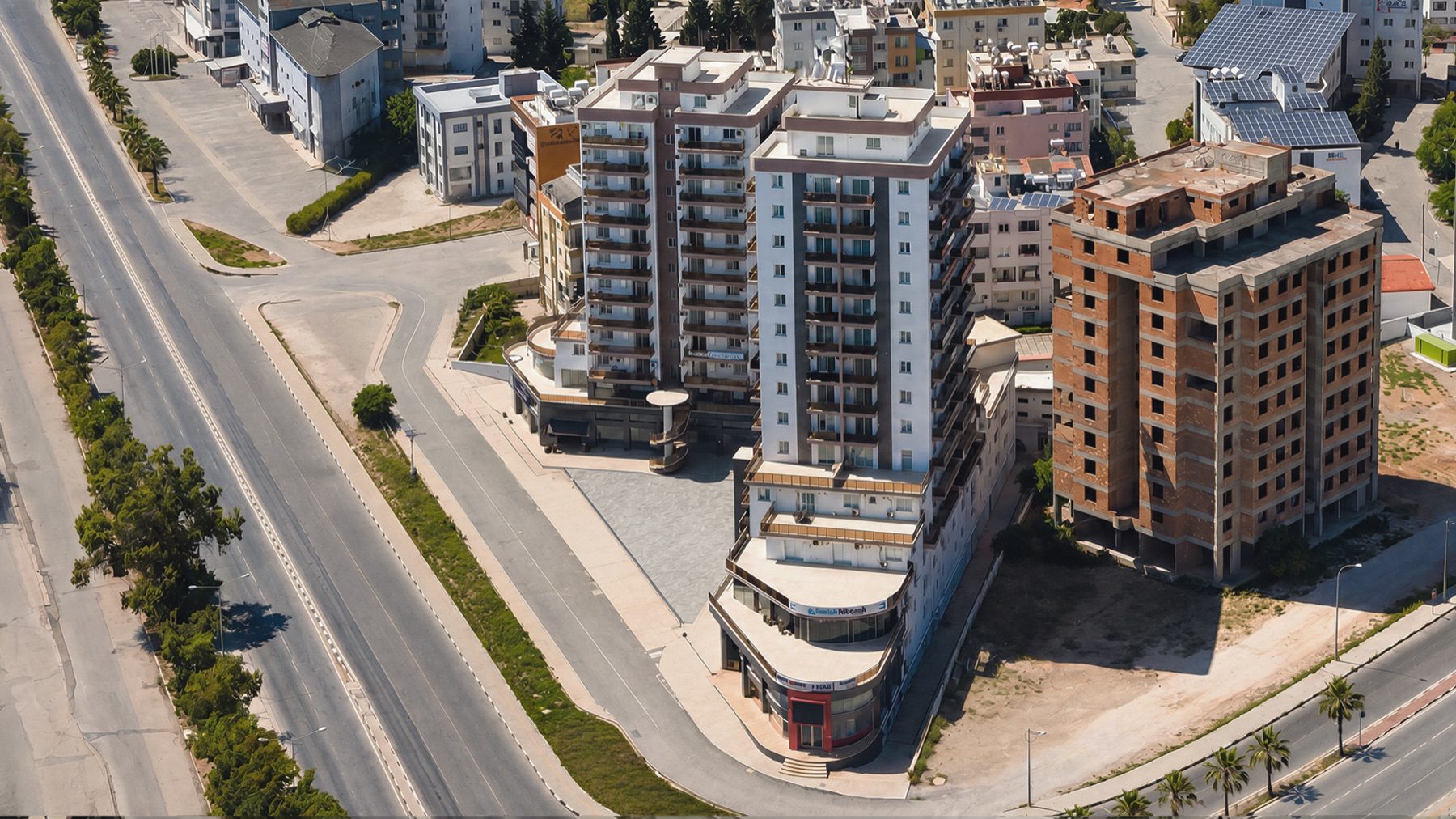 aerial view of Angel Towers from the side with an unfinished block next to it