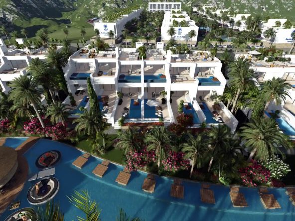 Aerial render of Bahamas Homes terraces with private pools and lazy river
