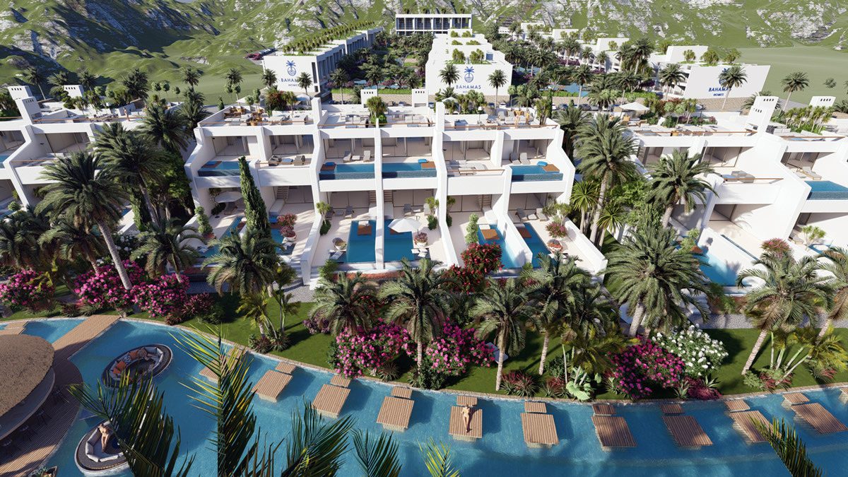 Aerial render of white stepped Bahamas Homes buildings with plunge pools