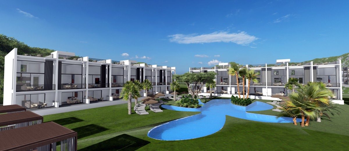 Render of two-storey Bahamas Homes blocks around a lagoon-style pool