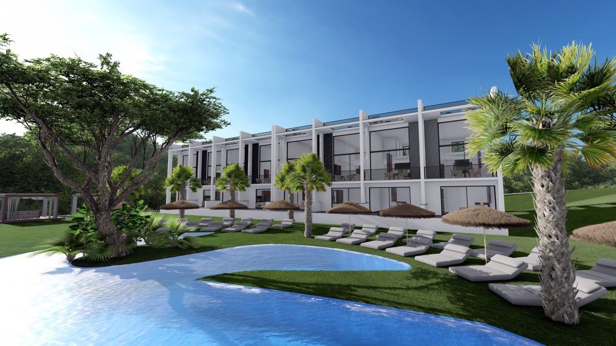 Bahamas Homes terraced blocks beside the pool with sun loungers