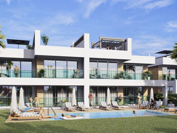 Render of Blue Line Villas rear gardens and pool