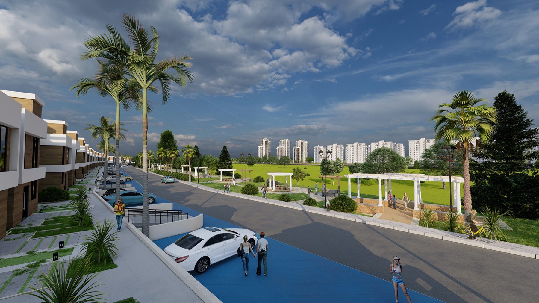 Render of the Blue Line Villas street with pergolas and gardens