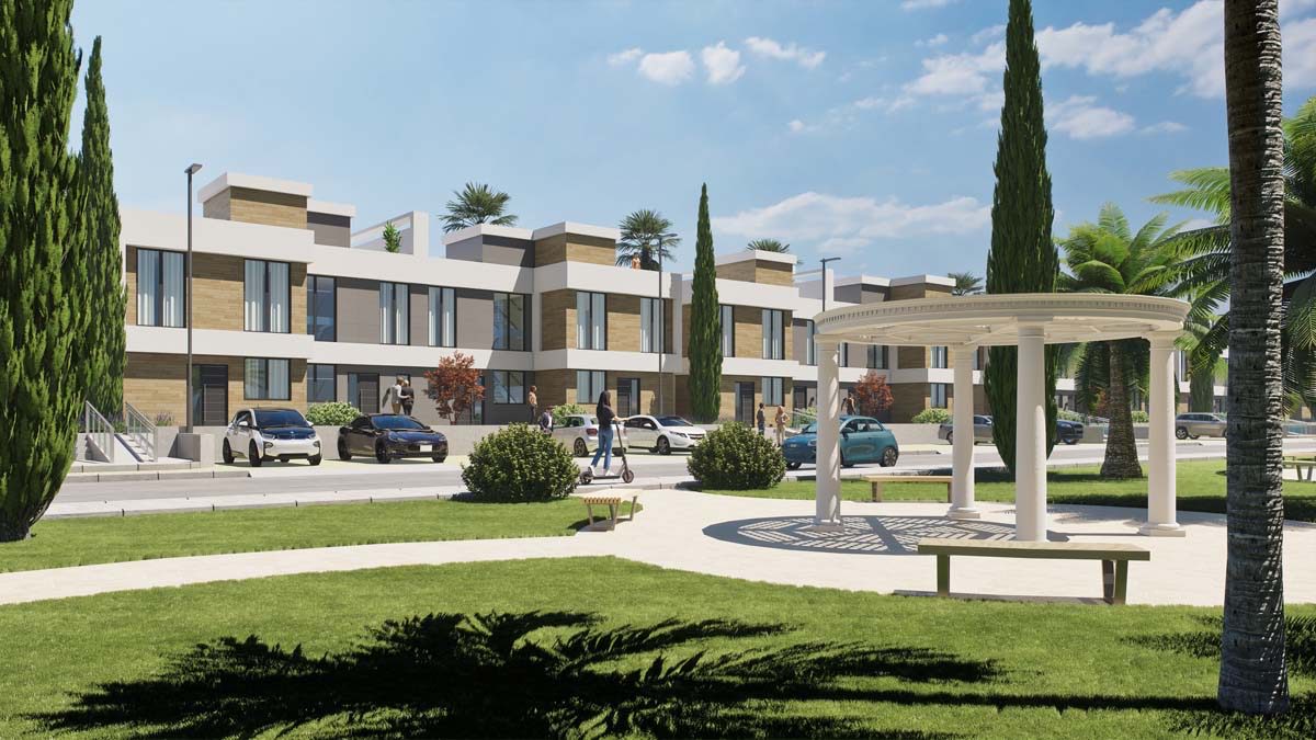 Render of Blue Line Villas terraced houses and a gazebo