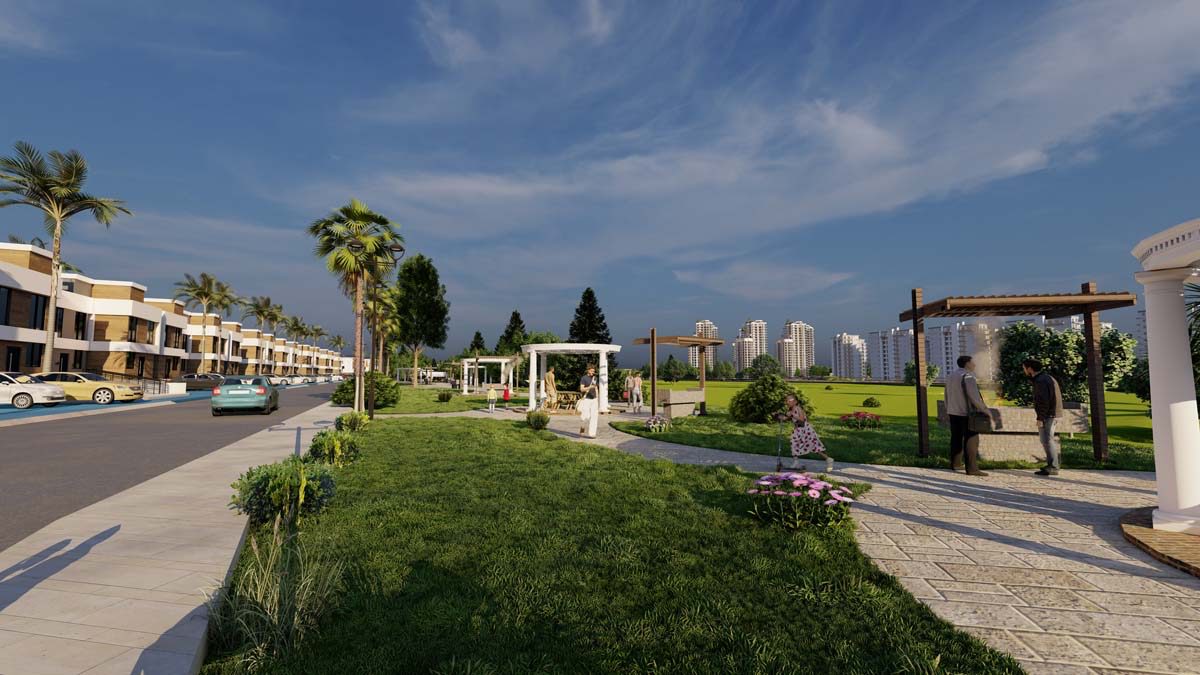 Render of the Blue Line Villas walkway and barbecue area