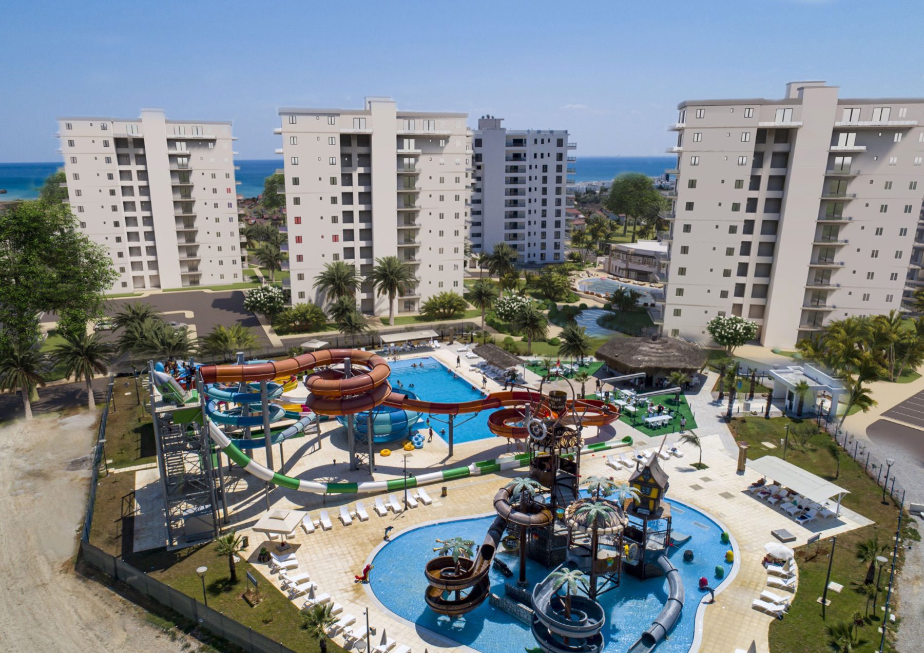 Caesar Blue towers with the water park and sea beyond