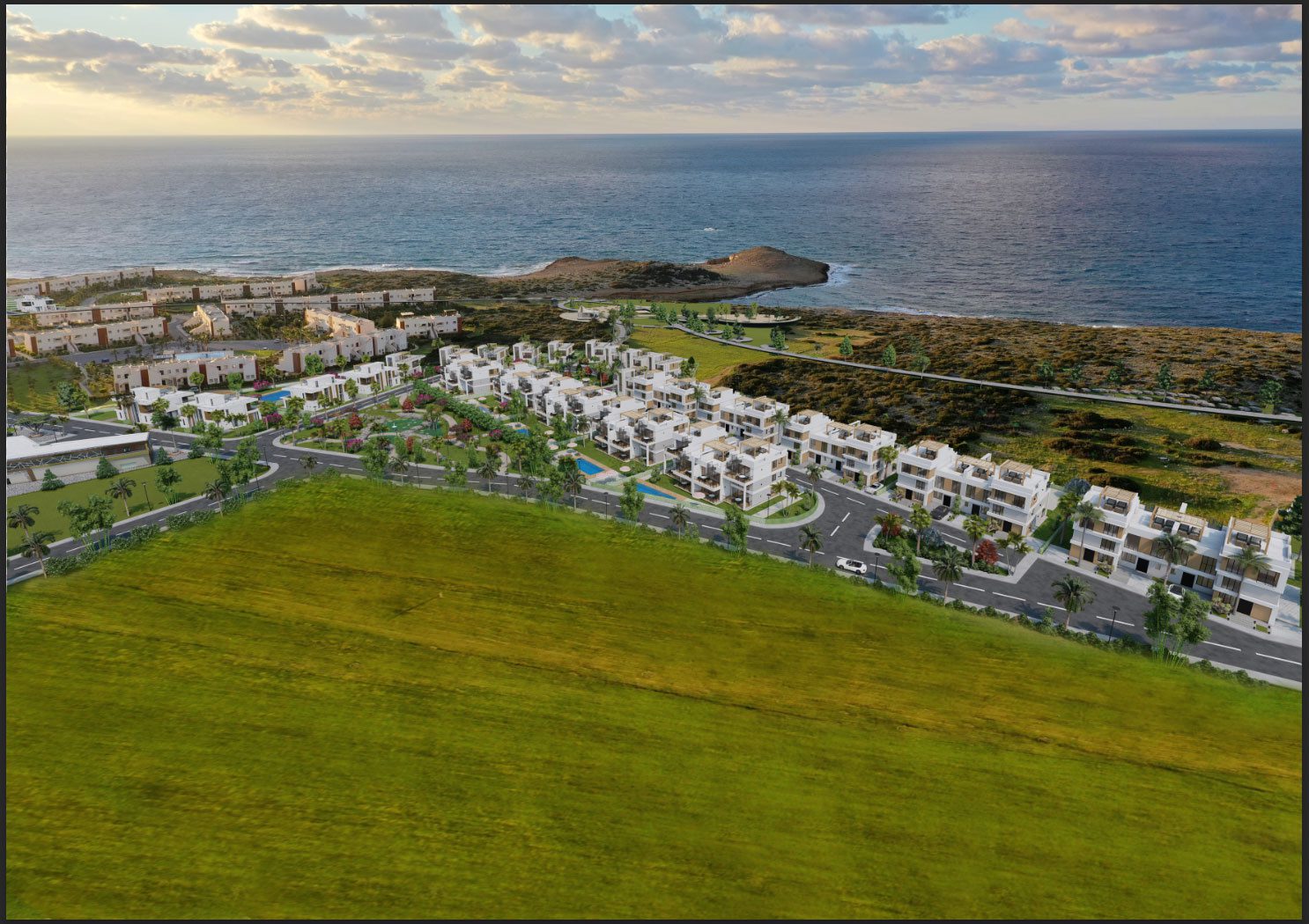 Aerial render of Caesar Breeze villa rows beside the sea