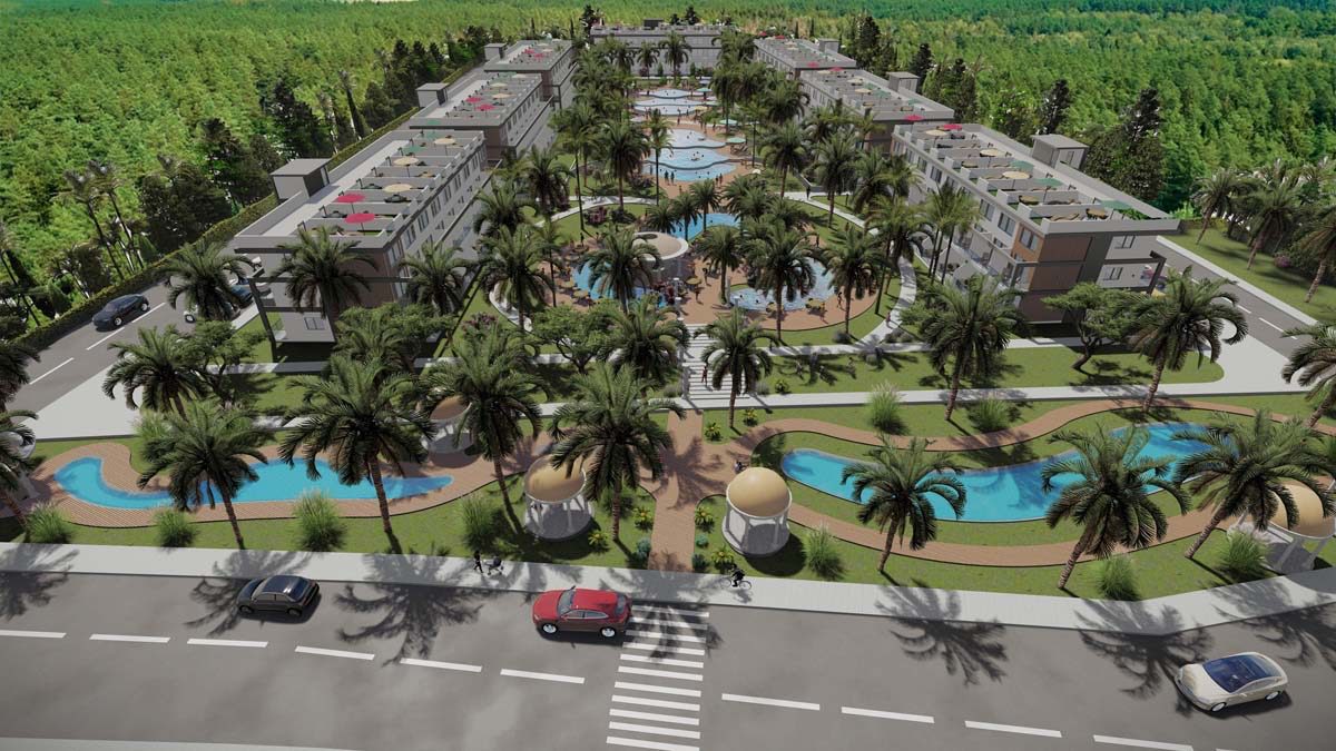 Render of the Caesar Breeze site layout with pools and gardens