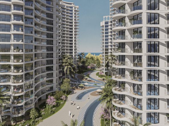 Render of Caesar Palm Jumeirah curved towers above a pedestrian promenade