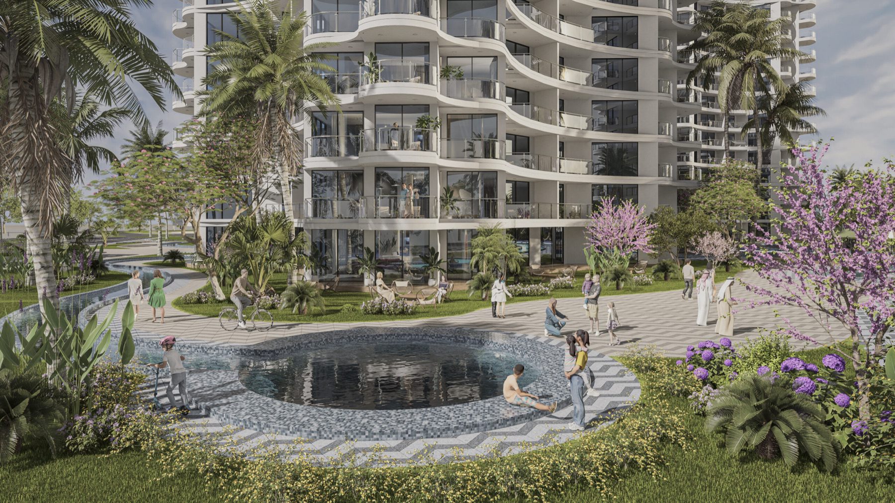 Render of Caesar Palm Jumeirah garden with a pebble plunge pool