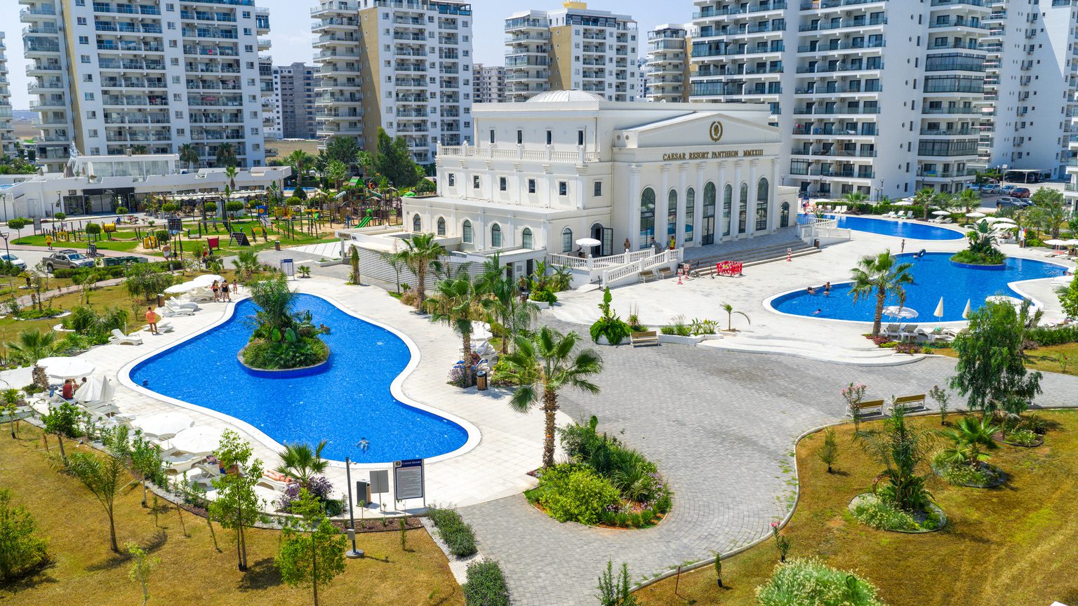 Aerial view of Caesar Resort pools, gardens and main building