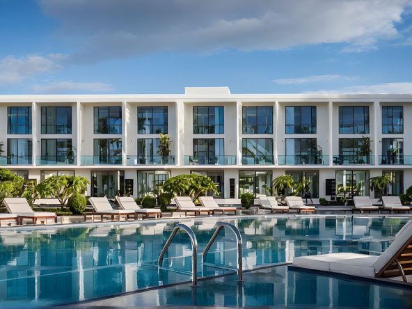 Courtyard Platinum rendering of two-storey buildings behind a swimming pool