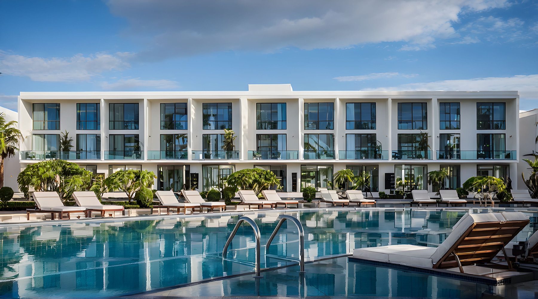 Courtyard Platinum rendering of two-storey buildings behind a swimming pool